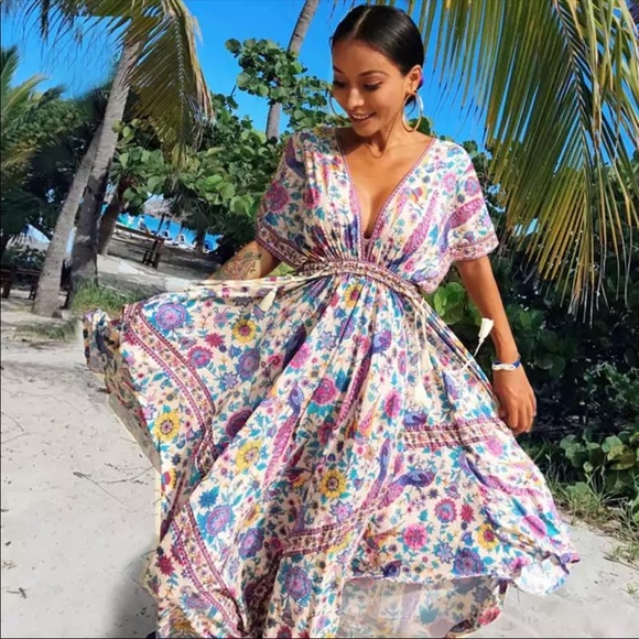 Boho Floral Bird Gypsy Print Maxi Long Dress - Picture 3 of 15